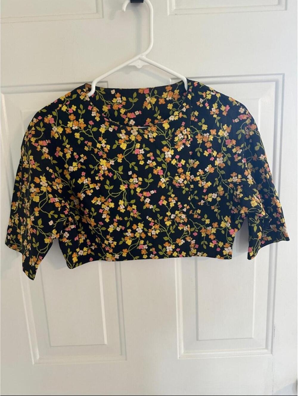 Floral Crop Top in Black with Pink & Yellow Blossoms